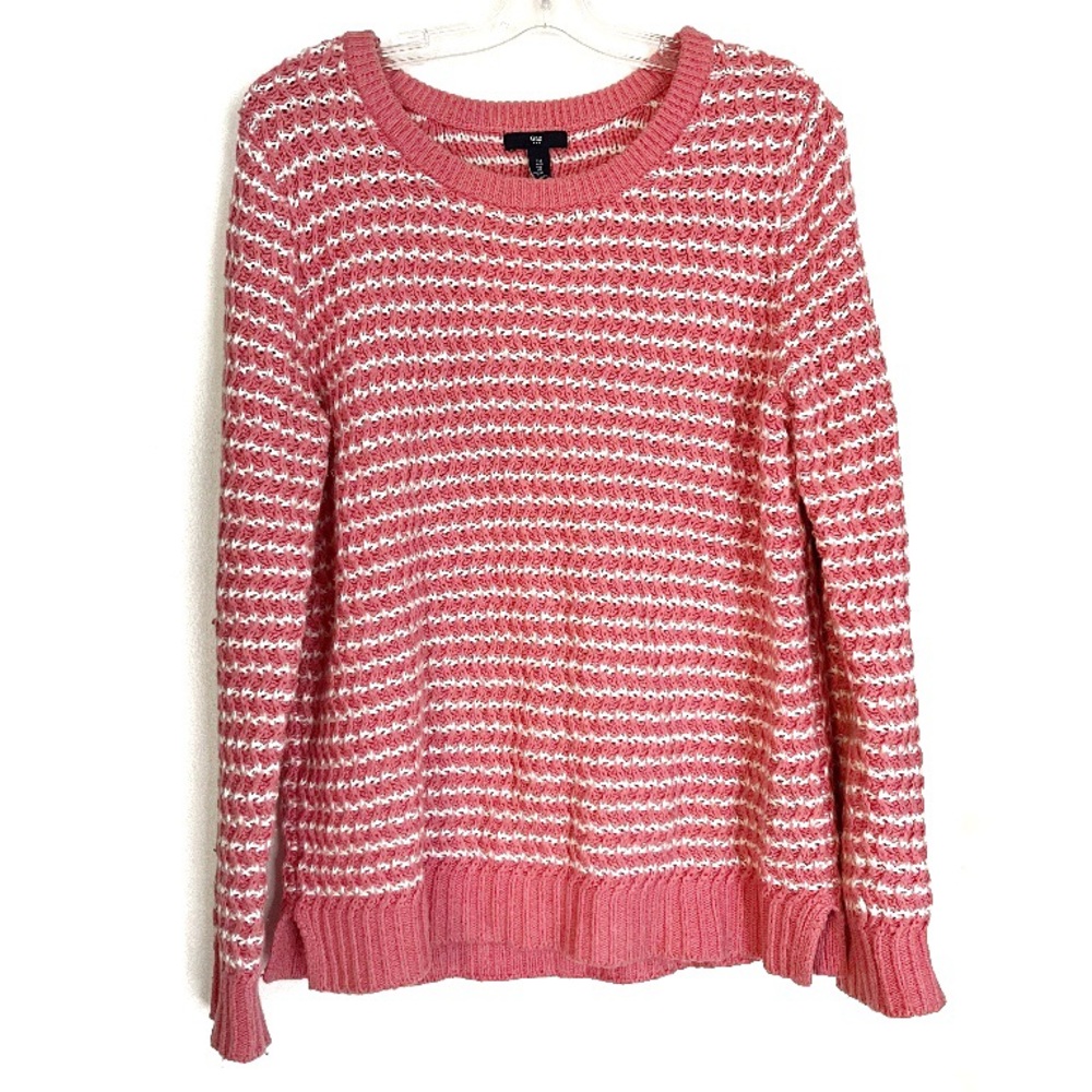 Gap Womens Striped Knit Sweater Pink Coral Salmon White Size Large Warm Woven